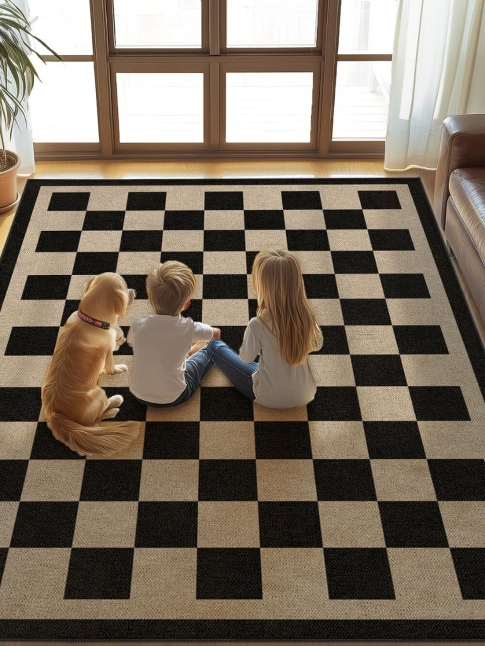 Washable 5x7 Checkered Easy Jute Indoor Outdoor Area Rug for Living Room
